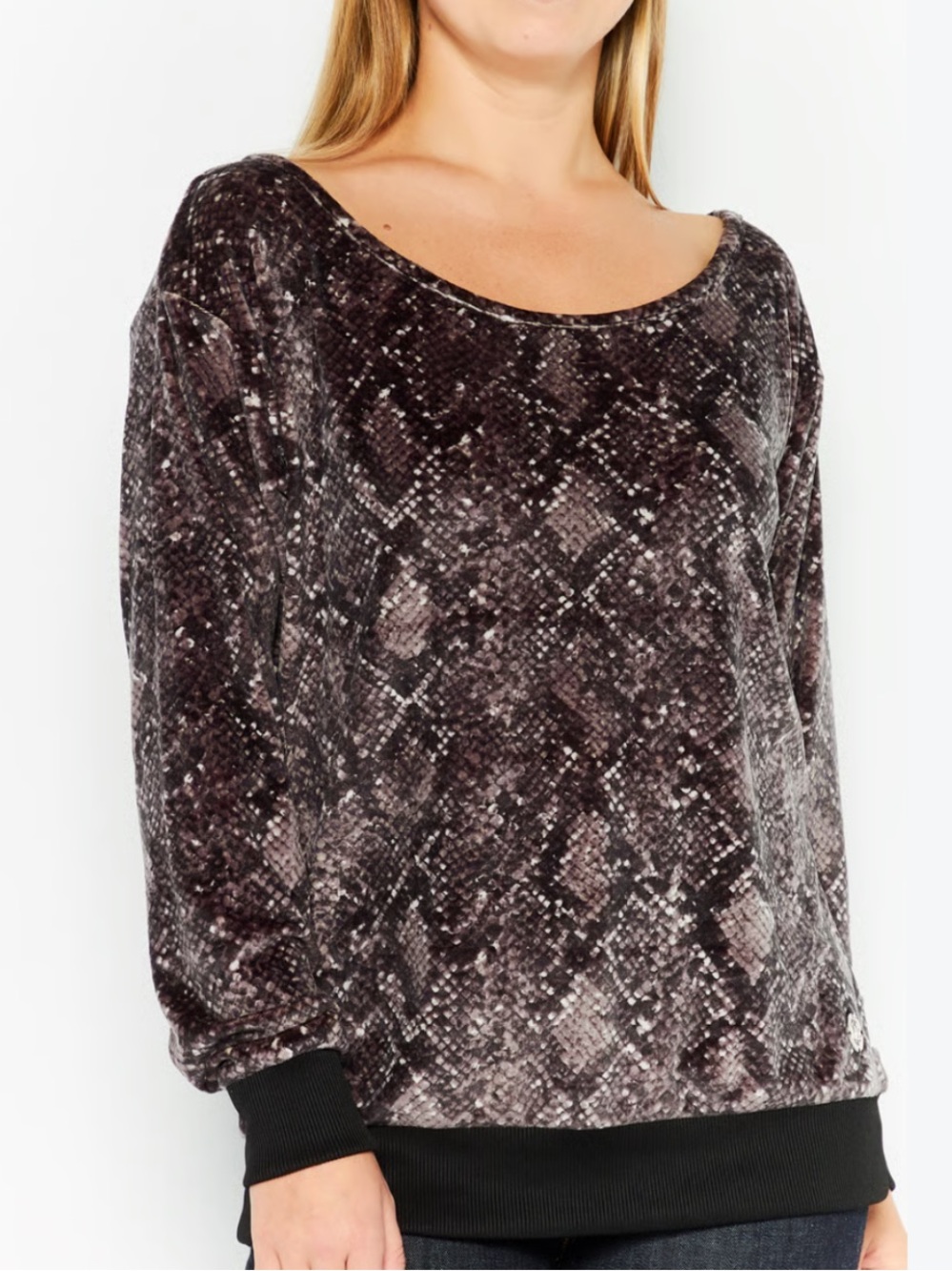 Michael Kors M Top Velour boat neck Snake-Print Long Sleeve Shirt Black Grey